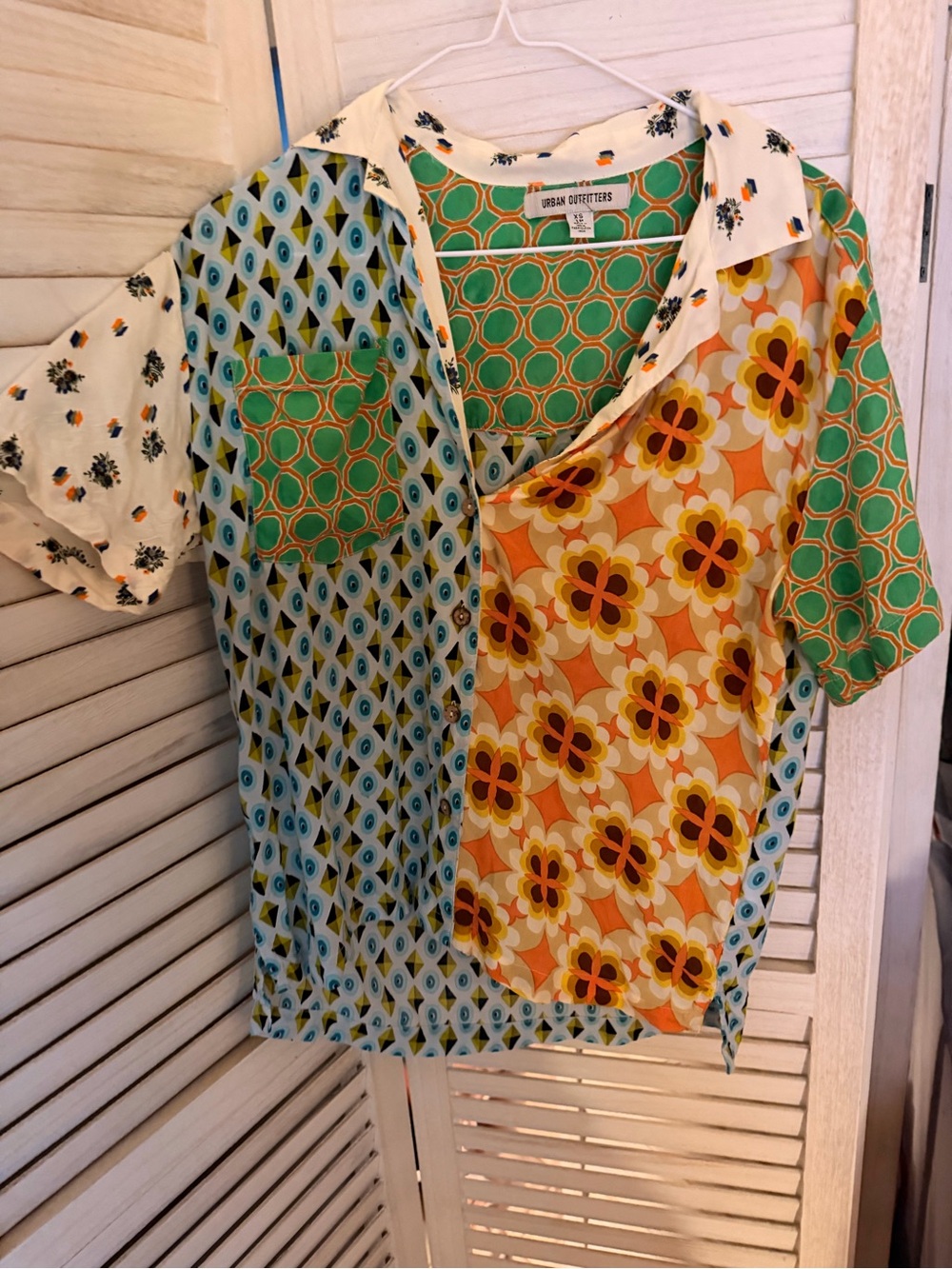 Urban Outfitters Green and Cream Mixed-Print Button Shirt